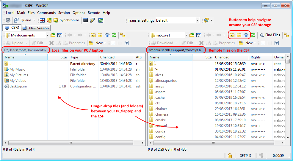 Drag and drop files between your PC and the CSF