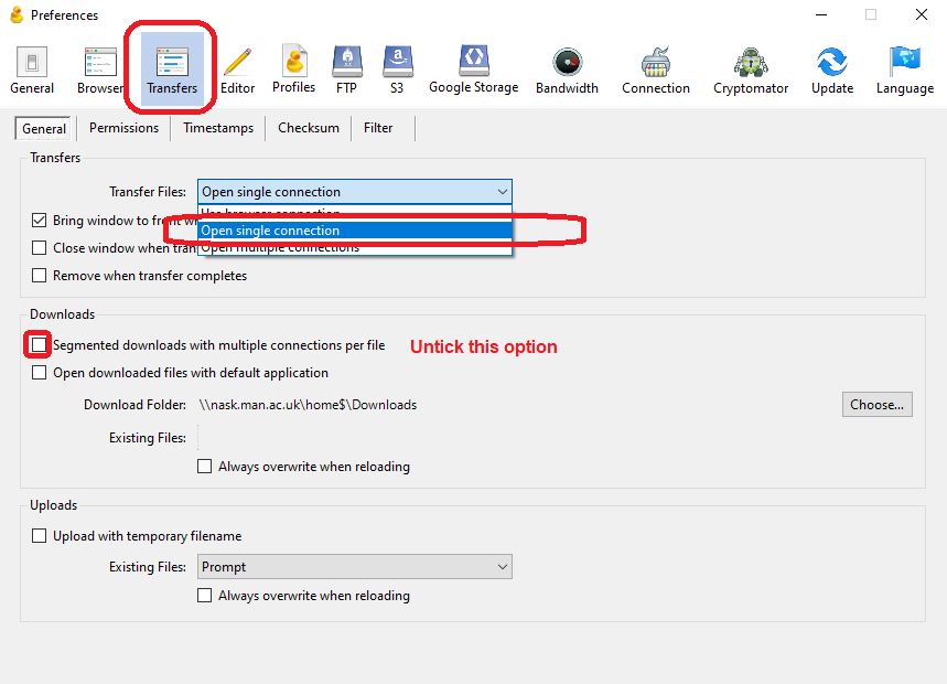 CyberDuck Transfer Preferences