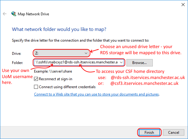 Choose a drive letter and give remote host details